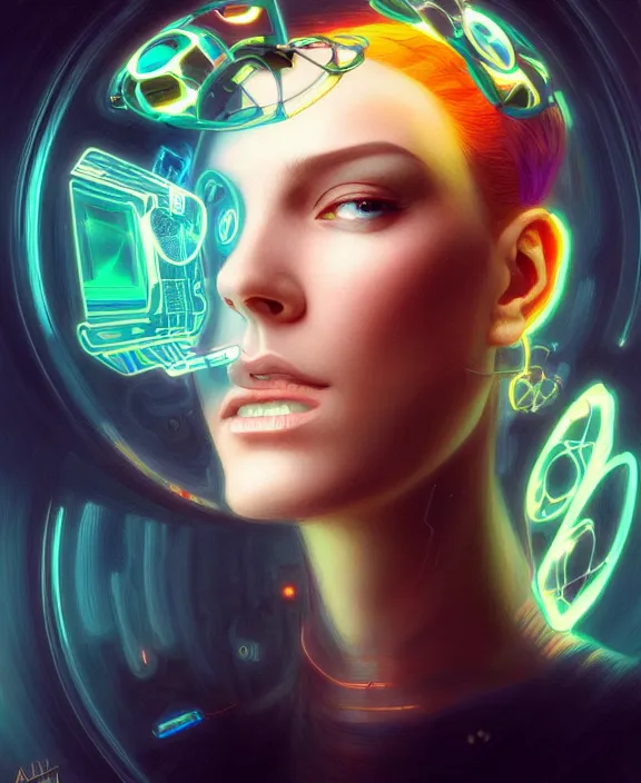 Prompt: a whirlwind inside the metaverse, man, hologram, half body, neurochip, shaved temple, piercing, jewelry, android, cyborg, cyberpunk face, by loish, d & d, fantasy, intricate, elegant, highly detailed, colorful, digital painting, artstation, concept art, art by artgerm and greg rutkowski and alphonse mucha
