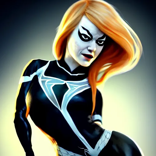 Prompt: gorgeous female Emma Stone as Spider-Gwen as venom, realistic character concept, medium shot, evil pose, comic book, illustration, slender symmetrical body, artstation, cinematic lighting, hyperdetailed, cgsociety, 8k, high resolution, Tom Bagshaw, Joshua Middleton, Gottfried Helnwein, Rafeal Albuquerque comic, single face, insanely detailed and intricate, dark and smokey background, vfx, postprocessing