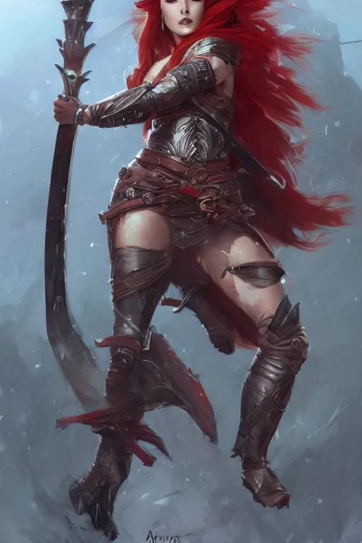 Image similar to beautiful warrior woman with red hair and two swords, fantasy, portrait, highly detailed, digital painting, trending on artstation, concept art, sharp focus, illustration, art by artgerm and greg rutkowski and magali villeneuve