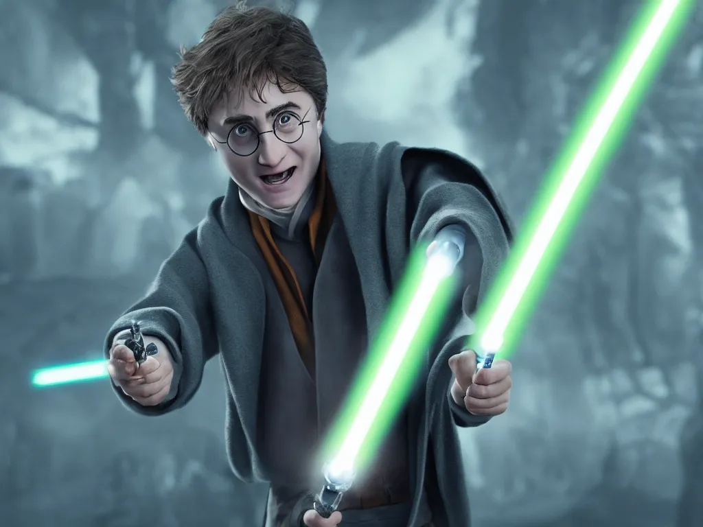 Image similar to harry potter as a jedi wielding a lightsaber, octane render, cinematic, 8 k