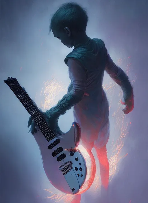 Prompt: fantasy changeling kid playing electric guitar, dim light, front game card, marvel comics, dark, intricate, highly detailed, smooth, artstation, digital illustration by ruan jia and mandy jurgens and artgerm and wayne barlowe and greg rutkowski and zdislav beksinski