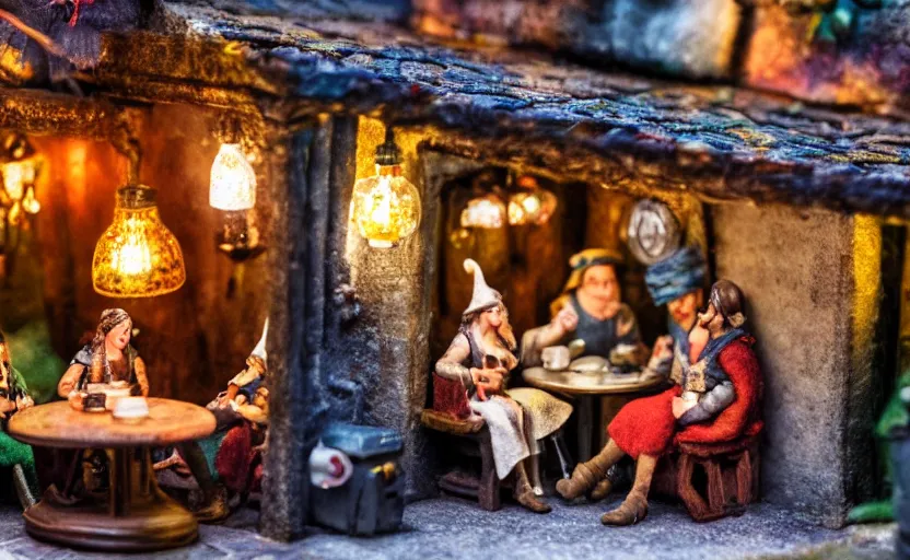 Image similar to miniature medieval tavern diorama macro photography, cafe with felted elves on a date, alleyway, ambient, atmospheric, british, cozy, bokeh, romantic, colorful lanterns