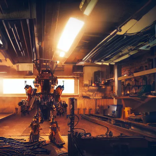 Image similar to toaster oven mecha head, dark messy smoke - filled cluttered workshop, dark, dramatic lighting, orange tint, sparks, cinematic, highly detailed, sci - fi, futuristic, movie still