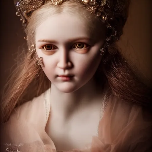 Image similar to masterpiece portrait of an ENCHANTED DOLL by Marina Bychkova, dramatic lighting, 8k