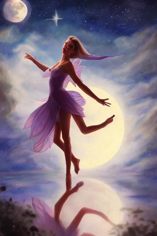 Image similar to attractive fairy magically floating high in the night, fantasy, full moon in background. highly detailed painting by artgerm, mid shot, 8 k