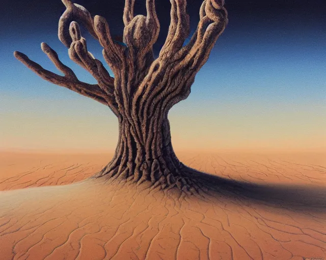 Image similar to a painting of a tree in the desert, an airbrush painting by breyten breytenbach, detailed sand pattern, cgsociety, neo - primitivism, airbrush art, dystopian art, apocalypse landscape