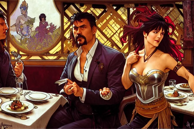 Image similar to xena warrior princess eating at a restaurant, with a hispanic man in a suit as her companion, art by artgerm and greg rutkowski and alphonse mucha