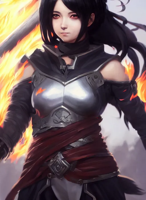 Prompt: Portrait of Anime girl with black hair, she is carrying a burning sword, wearing metal armor around her chest and waist, realistic, detailed, 4k by Greg Rutkowski Mark Arian trending on artstation