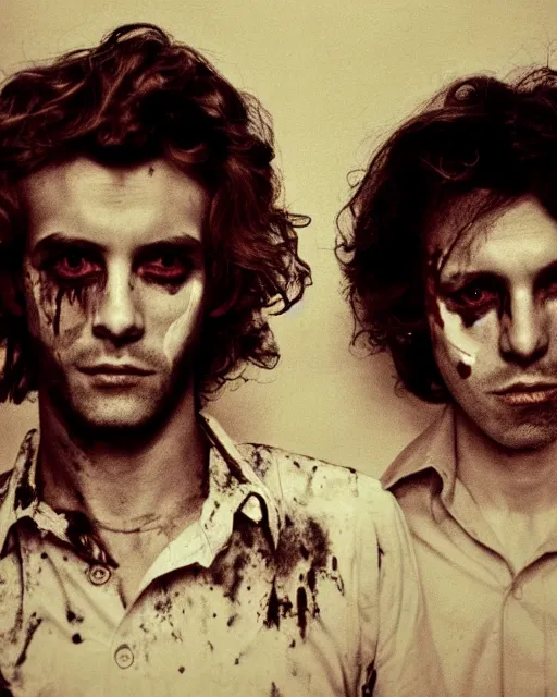 Image similar to two handsome but sinister young men in layers of fear, with haunted eyes and wild hair, 1 9 7 0 s, seventies, wallpaper, a little blood, moonlight showing injuries, delicate embellishments, painterly, offset printing technique