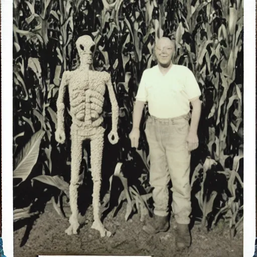 Image similar to a alien standing next to a farmer on a farm next to a corn field polaroid picture