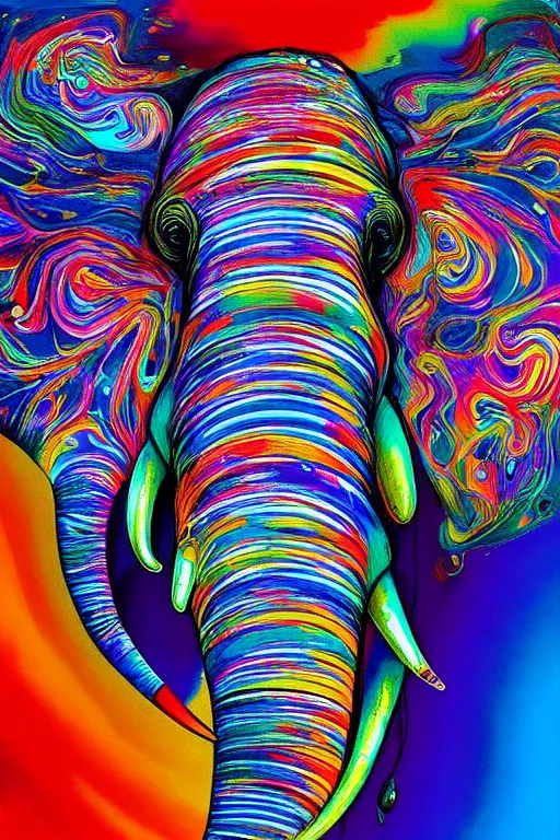 Image similar to fluid dynamics flow art a painting of an elephant with a colorful swirl, acrylic marbling art by sam spratt, deviantart, psychedelic art, psychedelic, cosmic horror, chromatic