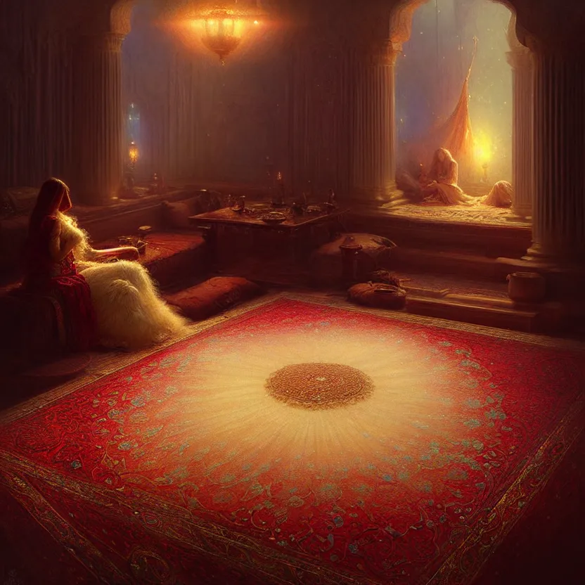 Image similar to magic fluffy Persian carpet dimension, by Greg Rutkowski and Gaston Bussiere, dim lighting, beautiful volumetric-lighting-style atmosphere, surreal atmosphere, intricate, detailed, photorealistic imagery, artstation