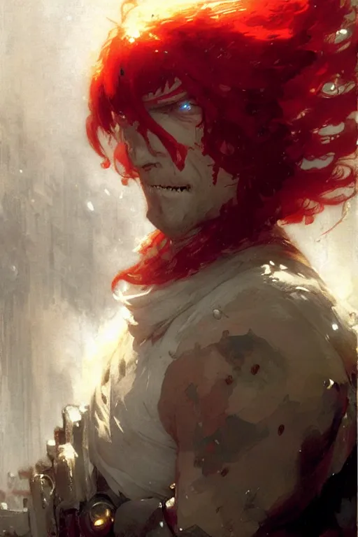 Image similar to white blob with red hair with an evil smug grin portrait dnd, painting by gaston bussiere, craig mullins, greg rutkowski, yoji shinkawa