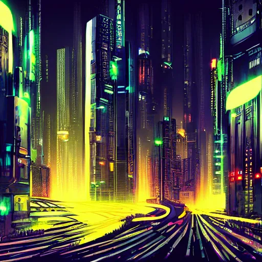Prompt: sci fi cyberpunk city at night
