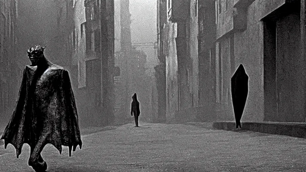 Image similar to a creepy creature walks down the street, film still from the movie directed by Martin Scorsese with art direction by Zdzisław Beksiński
