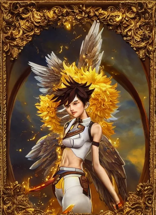 Image similar to full body oil painting of tracer overwatch in the style of sophie anderson, angel wings, angelic golden armor, dramatic painting, symmetrical composition, ornate, high detail, gold detailed collar!!!!!, blooming, lights, flowers, detailed face,