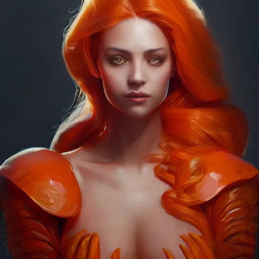 Image similar to portrait of an elegant orange queen with lobster hands, intricate, elegant, highly detailed, digital painting, artstation, concept art, smooth, sharp focus, illustration, art by artgerm and greg rutkowski and jpark