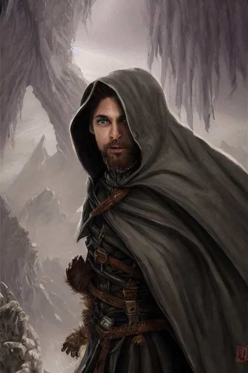 Image similar to a full body high detail fantasy portrait oil painting illustration of a small pale rogue by justin sweet with black cloak, face and body clearly visible, in a scenic background, visible pupils, realistic proportions, d & d, rpg, forgotten realms, artstation trending, high quality, sombre mood, artstation trending, muted colours, entire person visible!