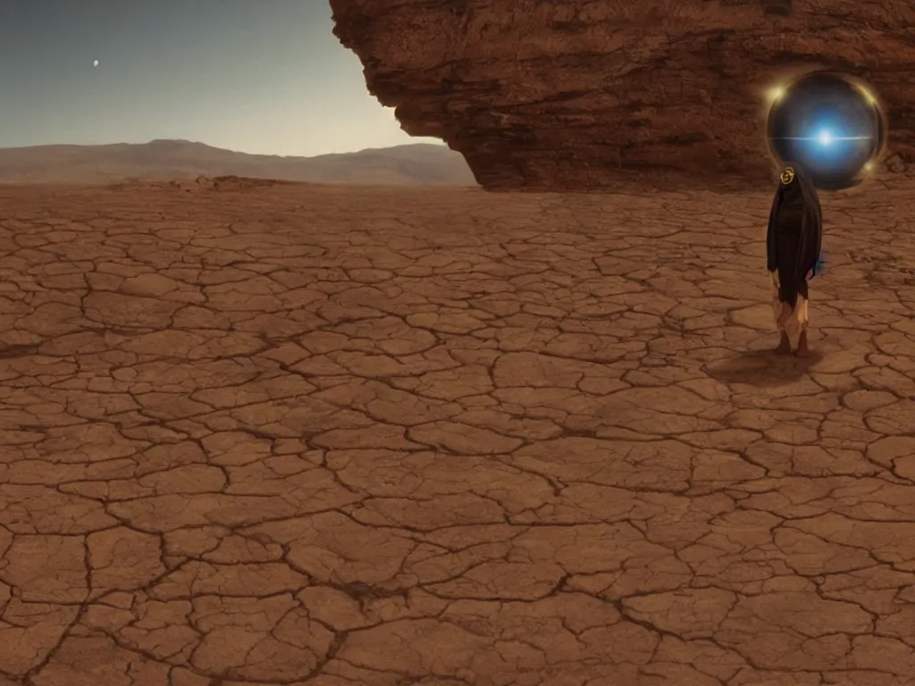 Prompt: levitating bene gesserit with full - face golden mask and glowing eyes in a dry rocky desert landscape, visible sky and sunny atmosphere, fata morgana giant mirrors, black hole in the sky by alejandro jodorowsky, anamorphic lens, kodakchrome, cinematic composition, practical effects, 8 k,