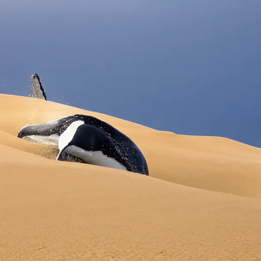 Prompt: giant whale swimming in sand dunes, photography