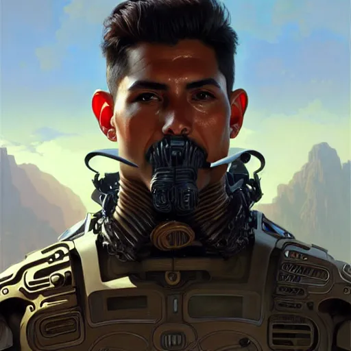 Image similar to ultra realistic illustration, a mexican male cyborg soldier, intricate, elegant, highly detailed, digital painting, artstation, concept art, smooth, sharp focus, illustration, art by artgerm and greg rutkowski and alphonse mucha