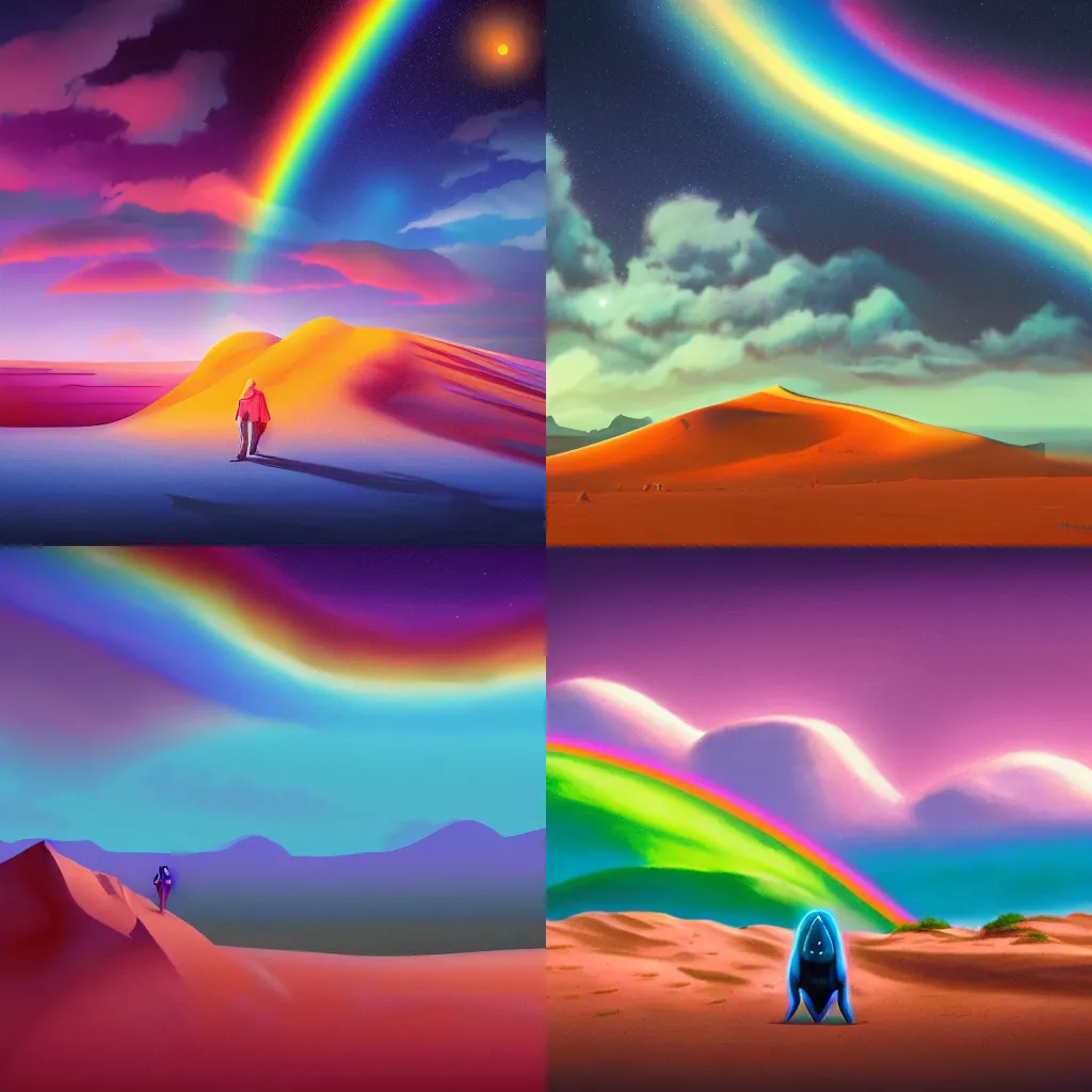 Prompt: beautiful matte painting,rainbow tardigrade,sand dune,neon desert,ominous sky,by dan mumford and lisa frank,unreal engine,concept art,close up,vivid,trending on artstation