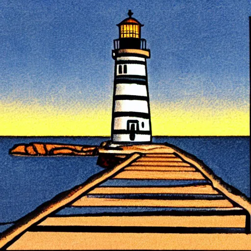 Prompt: clip art of a lighthouse one a jetty as seen by ships