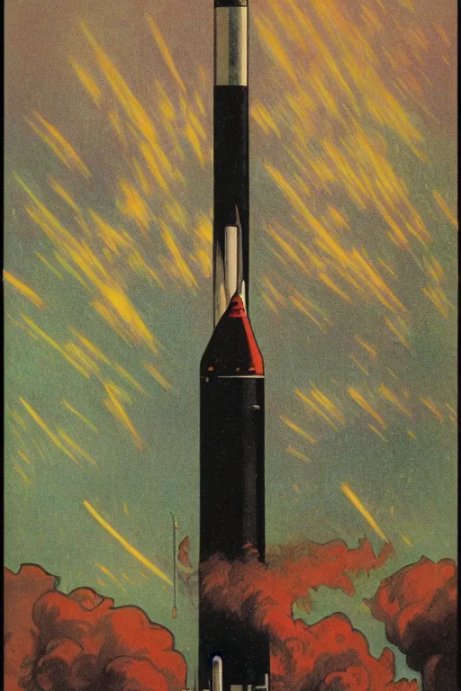 Prompt: photograph of a 1 9 6 0 s era rocket launching and leaving huge plumes of smoke, cinematic, night, rain, by greg rutowrski, by stanley artgerm, by alphonse mucha