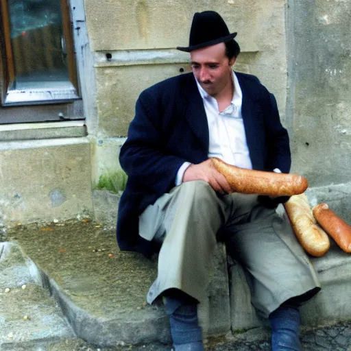 Prompt: a frenchman with a baguette and a bottle of wine in 2 0 0 0