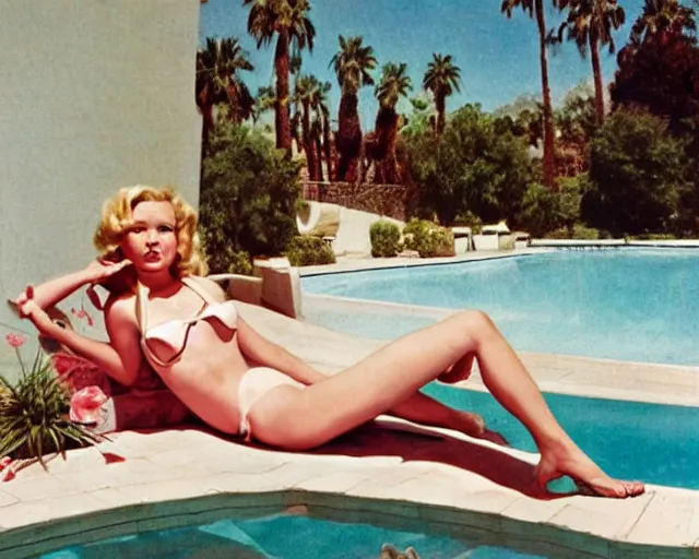 Prompt: tuesday weld in a pink bikini lounging next to a palm springs midcentury swimming pool by gil elvgren and francine van hove