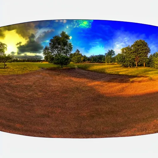 Prompt: ilustration, 3 6 0 º panorama, equirectangular, green country landscape at sunset, alexander jasson style w 1 0 2 4