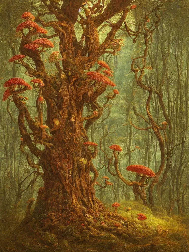 Prompt: artistic multicolor cottagecore gothic veduta of a forest with wise oak treant adorned with fungi like mycelium branches highly detailed by Agostino Arrivabene, Albert Bierstadt, Albert Koetsier and Agnes Lawrence Pelton:3, trees covered with various mushrooms, bright vivid color hues:1, brown:-2