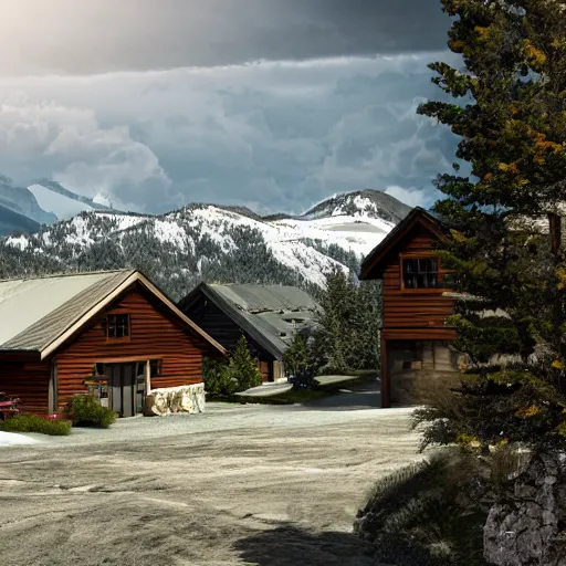Image similar to montana alpine landscape with windy road and modern homes designed by charles haertling scattered on the mountainsides, photo realism, dramatic lighting, from a dream, high quality digital art, unreal engine