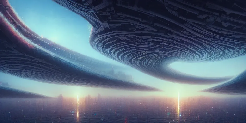 Image similar to digital painting of an afrofuturist cityscape spiraling skywards and vast waves, trippy fractals, twilight, stunning, cinematic lighting, surreal landscape art by greg rutkowski and simon stalenhag, artstation, cinematic, masterpiece, insanely detailed, very realistic