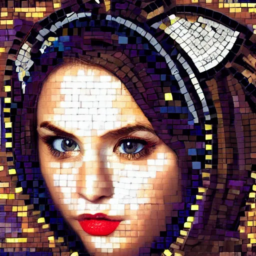 Image similar to portrait mosaic of a beautiful cute girl with robot ears and eyes, 4k, intricate details