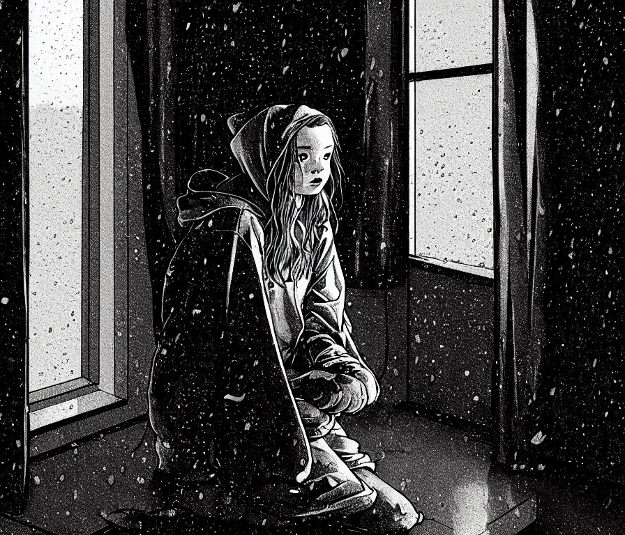 Prompt: sadie sink in hoodie sits on windowsill, knees tucked in | rain falls at night : storyboard, scifi cyberpunk. by joe alves, gabriel hardman, chris bonura. cinematic atmosphere, detailed and intricate, perfect anatomy