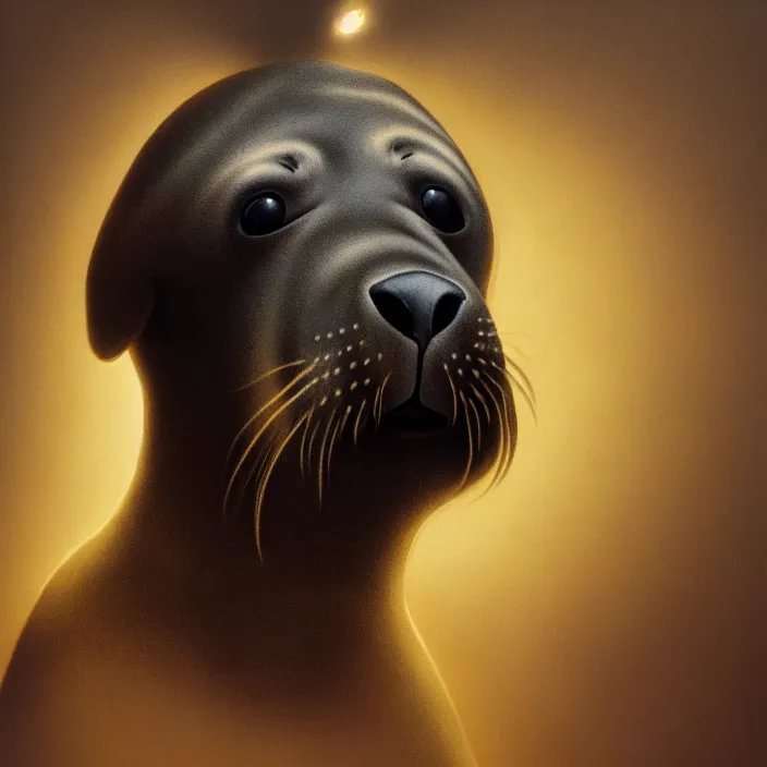 Prompt: photographic portrait face of a inbreed between a dog and a seal, high light on the left, illuminated by a dramatic light, Low key lighting, light dark, High constrast, dramatic , Steve Mccurry, Greg Rutkowski, Alphonse Mucha, high quality, photo-realistic, four fingers maximum ,8K