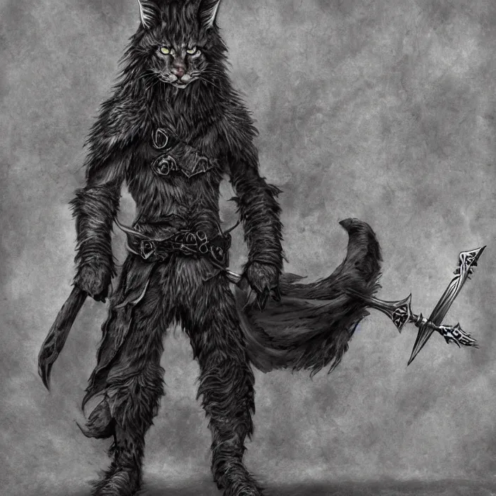 Image similar to khajit tabaxi catfolk humanoid cloaked in shadow and wearing leather armor with maine coon features black fur holding two shortswords, dungeons and dragons, pure white background, fantasy, tarot card style, half body portrait, high detail, hyper realistic