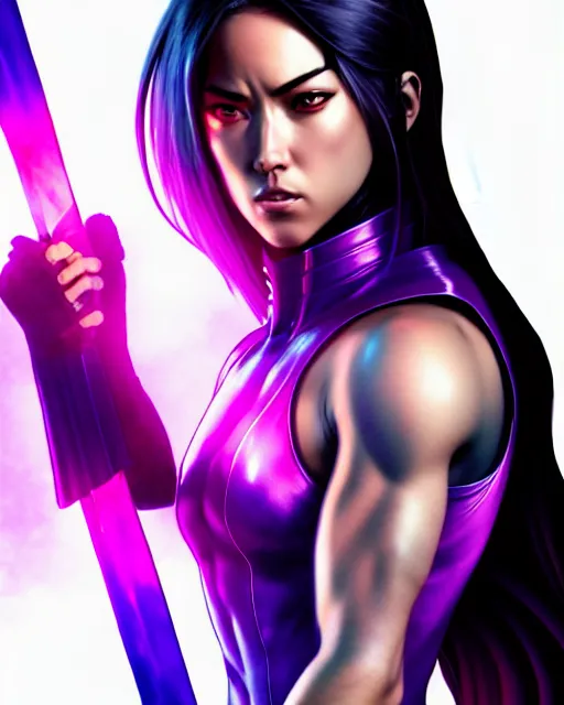 Image similar to Psylocke Chloe Bennet long hair, holding purple Halo energy sword, realistic character concept, action pose, comic book, illustration, slender symmetrical face and body, artstation, cinematic lighting, hyperdetailed, artgerm, 8k, Rafeal Albuquerque comic book art, single face, insanely detailed and intricate, beautiful