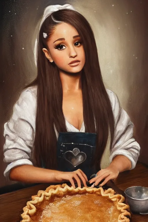 Prompt: romanticism painting of ( ( ariana grande ) ) in a rustic style kitchen, baking apple pie, symmetrical face, beautiful eyes, cottagecore, artstation, 8 k, highly detailed