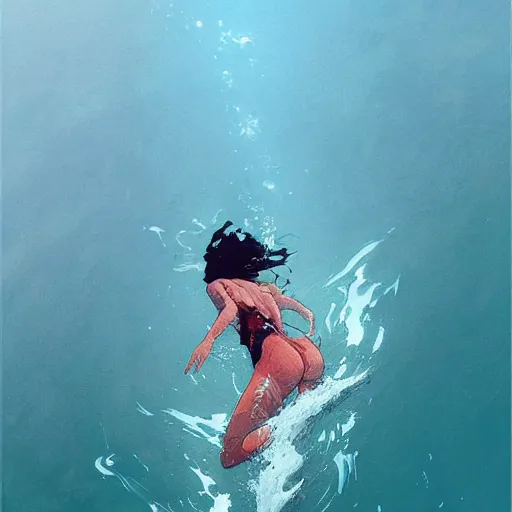 Image similar to a ultradetailed beautiful panting of a woman diving into the ocean, by conrad roset, greg rutkowski and makoto shinkai, trending on artstation