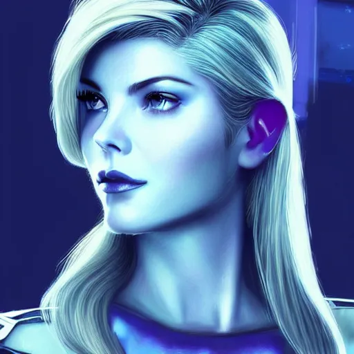 Image similar to A combination of Grace Kelly's and Katheryn Winnick's and Ashley Greene's faces with blue skin and short violet hair as Cortana from Halo, cyberpunk style, synthwave aesthetic, fantasy, intricate, elegant, highly detailed, digital painting, artstation, concept art, matte, sharp focus, illustration, half body portrait, anime style, blue tint, art by Artgerm and Greg Rutkowski and Alphonse Mucha