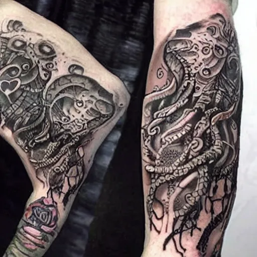 Image similar to a lovecraftian, old gods themed tattoo sleeve, covering a persons entire arm, intricate detail