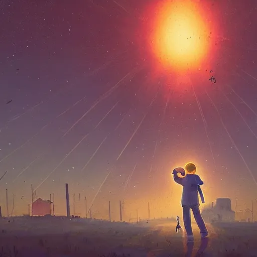 Prompt: metallic android carrying a sleeping child, background of farmland, buildings on fire, no blur, very detailed, nighttime, in the style of Simon Stalenhag