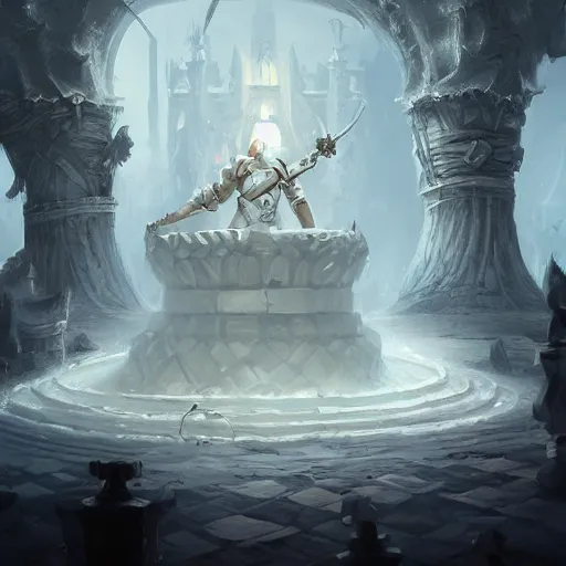 Prompt: a giant white chess pawn character, chess pawn, chess pawn, chess pawn, chess pawn, chess pawn, battlefield background, bright art masterpiece artstation. 8 k, sharp high quality artwork in style of jose daniel cabrera pena and greg rutkowski, concept art by tooth wu, hearthstone card game artwork, chess pawn