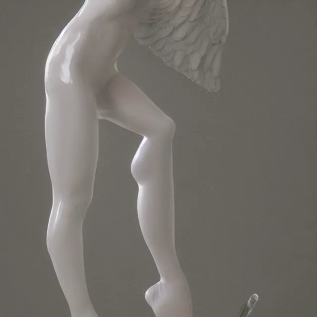 Image similar to a perfect photograph of the full body of an angel wearing casual clothes. porcelain angel full - body coated in liquid porcelain