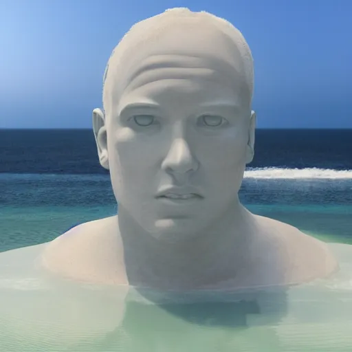 Image similar to a giant sculpture of a human head on the ocean, made purely out of water, cinematic, in the style of chad knight, long shot, hyper detailed, hyper realistic, ray tracing, 8 k resolution, sharp focus, realistic water, award winning