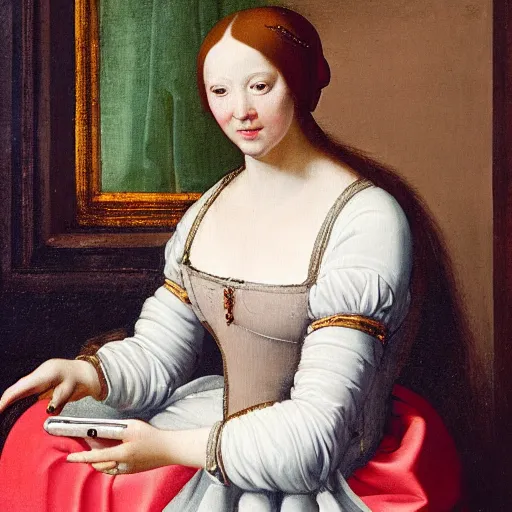 Image similar to renaissance painting of a lady in a white dress smiling at the camera whilest holding and pointing towards a smartphone.