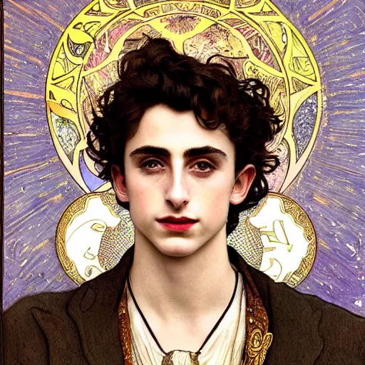 Image similar to timothee chalamet portrait by louis - theophile hingre and alphonse mucha, realistic, sharp focus, zodiac signs, tarot cards, planets, ethereal, art nouveau, magic, moon, sun, crown, dreamy, royal, jewellery