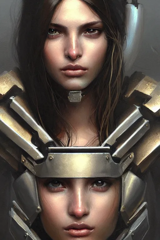 Prompt: a photorealistic painting of an attractive young girl, partially clothed in metal-plated battle armor, olive skin, long dark hair, beautiful bone structure, symmetric facial features, perfect eyes, intricate, elegant, digital painting, concept art, finely detailed, illustration, sharp focus, minimal artifacts, from Metal Gear, by Greg Rutkowski, in the style of Ruan Jia and Mandy Jurgens and Artgerm and William-Adolphe Bouguerea, trending on Artstation, award winning